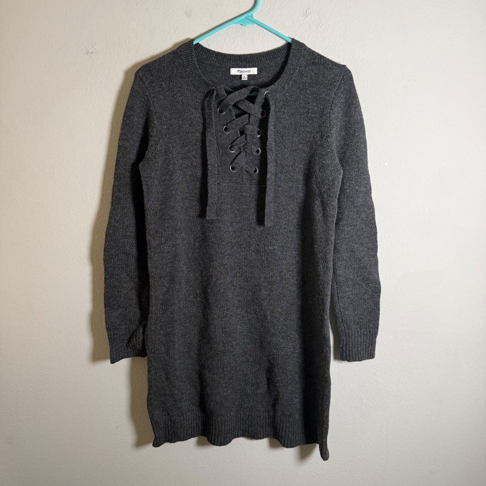 Madewell Charcoal Gray 100% Merino Wool Lace Up Sweater Dress F5613 Womens Small